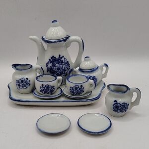 Vintage Andrea By Sadek Blue White Mini Tea Set Flower Tray Cup Saucer Dollhouse